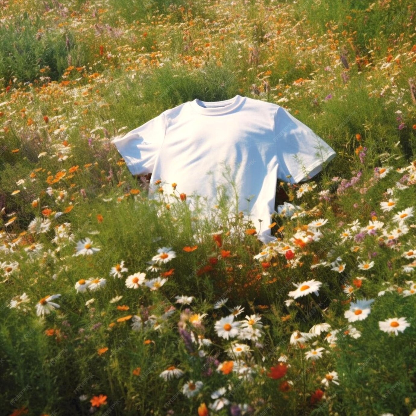 White T-shirt in flower meadow