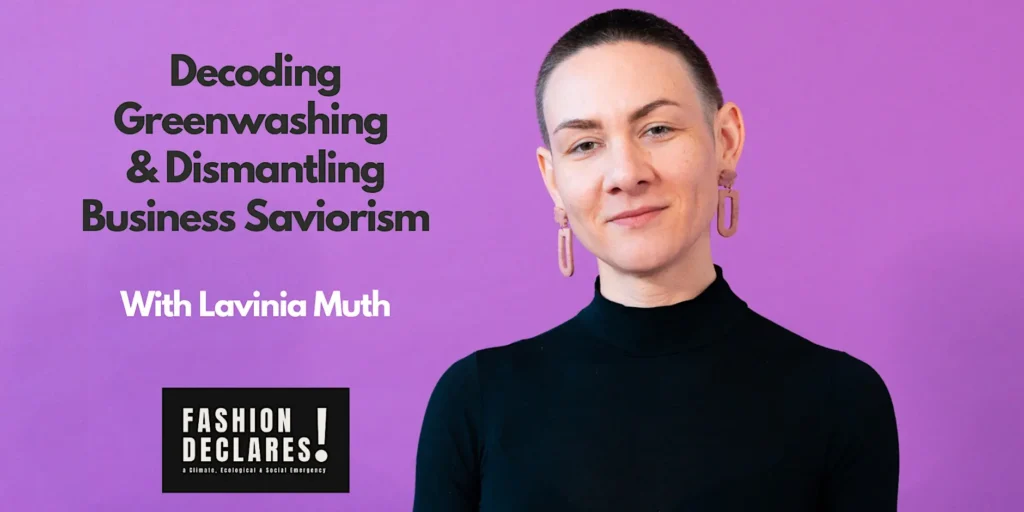 Photo of lavinia muth with a purple background and Fashion Declares logo.